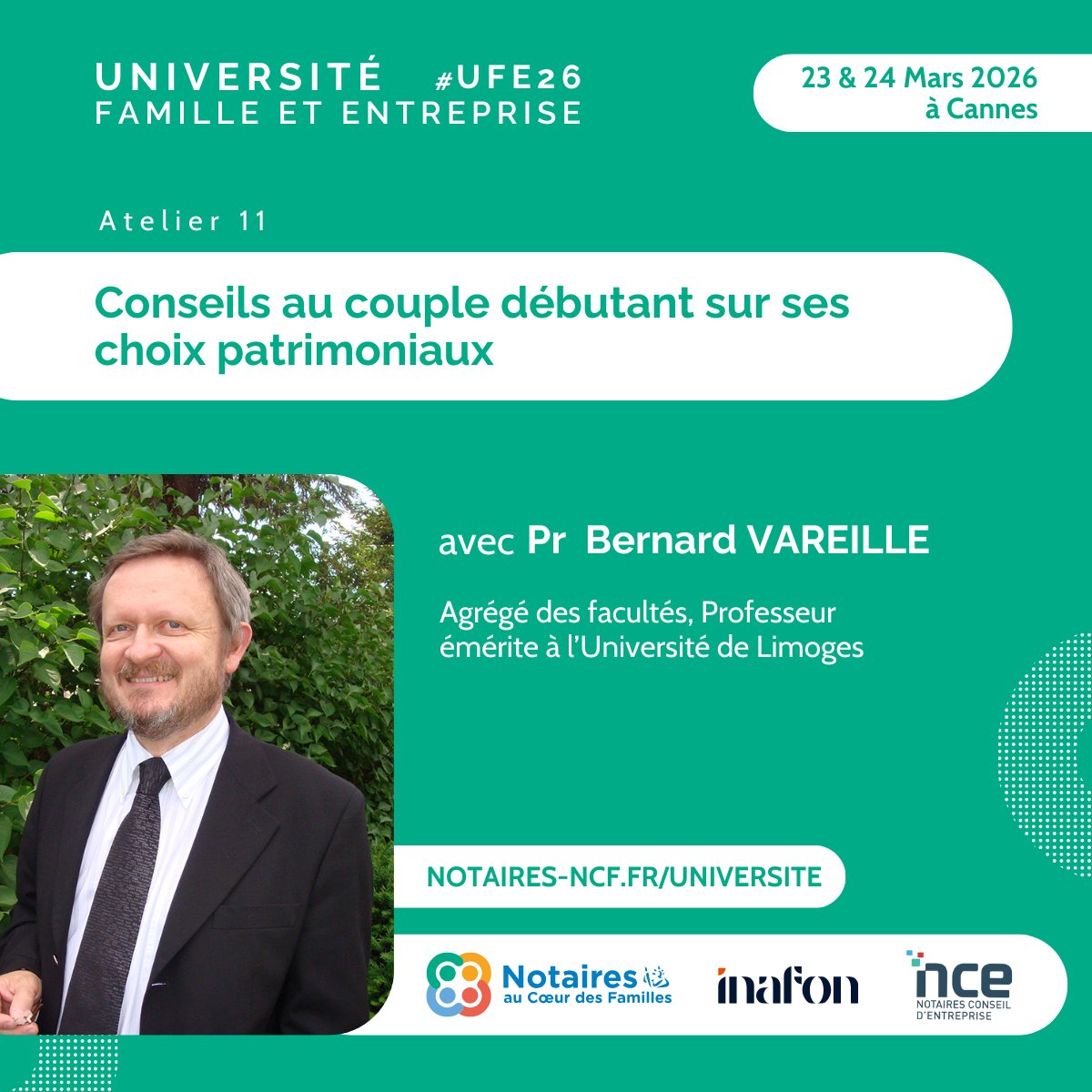 [UNIVERSITE FAMILLE &amp; ENTREPRISE 2026] #UFE26

✨ Atelier 11 : Conseils au couple débutant sur ses choix patrimoniaux  🚀

📆 23 &amp; 24 Mars 2026
📍 Hôtel Barrière Le Majestic &amp; Gray d'Albion à Cannes

Places limitées ➡️ Inscrivez-vous maintenant : notaires-ncf.fr/universite/
#notaire