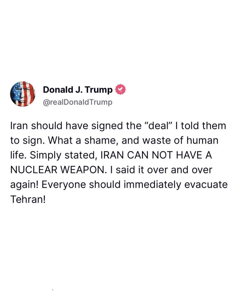 🚨 Trump G7’yi Terk Etti, Hedef Tahran! 🇺🇸⚔️

⭕️ #G7Summit’i yarıda kesip Washington DC’ye dönen Başkan #Trump: “İran nükleer silah alırsa barış olmaz.”
📢 Tahran halkına Netanyahu vari çağrı: “Başkenti hemen terk edin!”

⭕️ ABD’nin İran rejimiyle doğrudan savaşa girmesi masada!