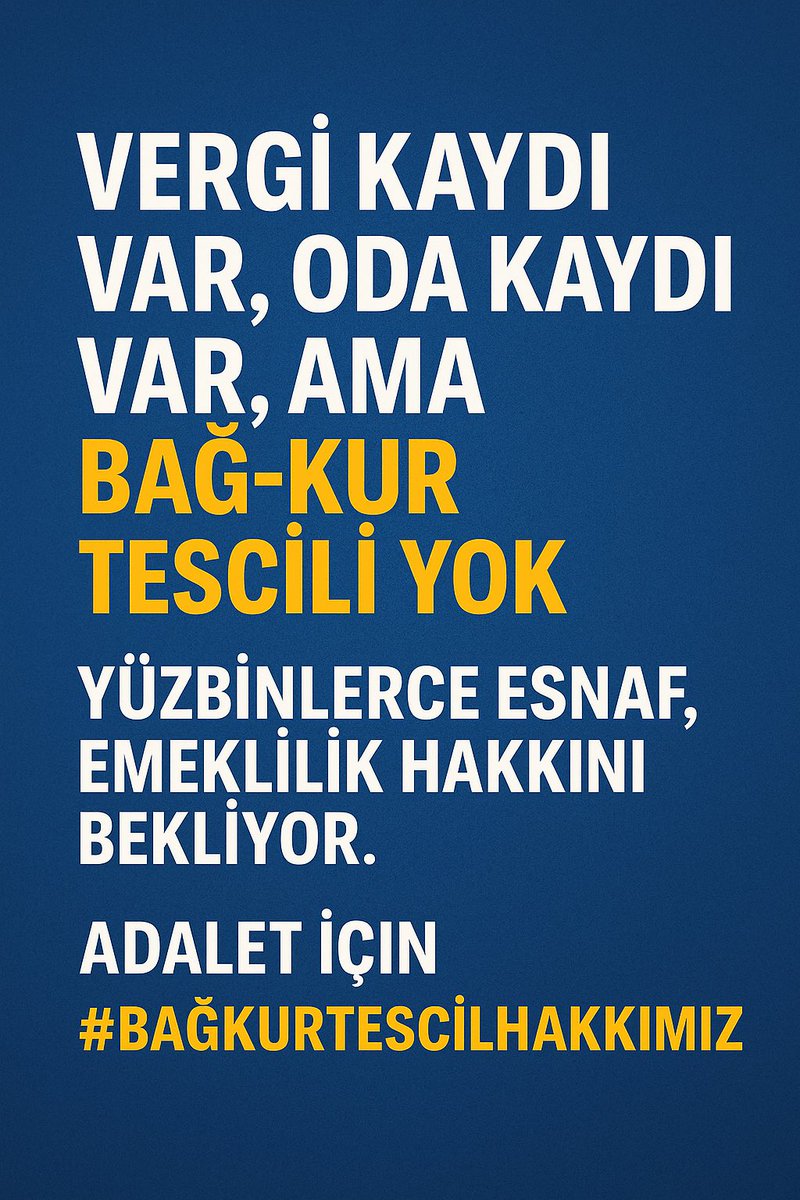 TESCİL❗️mağduruz 🇹🇷 #tescilyönetimi
<a href="/cenginyurt52/">Cemal Enginyurt</a> <a href="/fethigurer/">Ömer Fethi Gürer</a> <a href="/melih_meric/">Melih Meriç</a>
<a href="/RTErdogan/">Recep Tayyip Erdoğan</a> <a href="/eczozgurozel/">Özgür Özel</a> <a href="/dbdevletbahceli/">Devlet Bahçeli</a> <a href="/erbakanfatih/">Dr. Fatih Erbakan</a> <a href="/TBMMresmi/">TBMM</a> <a href="/isikhanvedat/">Prof. Dr. Vedat Işıkhan</a> <a href="/csgbakanligi/">T.C. Çalışma ve Sosyal Güvenlik Bakanlığı</a> <a href="/rprefahpartisi/">Yeniden Refah Partisi</a> <a href="/AYMBASKANLIGI/">Anayasa Mahkemesi</a> <a href="/B_Palandoken/">Bendevi Palandöken</a>
<a href="/herkesicinCHP/">CHP 🇹🇷</a> <a href="/Akparti/">AK Parti</a>  <a href="/_cevdetyilmaz/">Cevdet Yılmaz</a> #BağkurTescilMağdurları