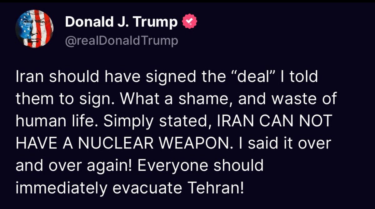 miles_future's tweet photo. They don't even hide it anymore. America is acting like the boyfriend of israel. Trump WANTS to kill CIVILIANS because US's GF had asked him to. The tweet is just to show the world later to say that "We had warned them"

#Iran 
#Israel 
#طهران 
#Trump 
#iranisraelwar https://t.co/x0g9fEuH0n