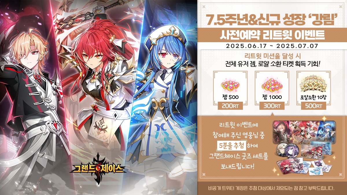 🎈7.5주년&amp;신규 성장 ‘강림’ 업데이트 사전예약 기념 리트윗 이벤트🎈
리트윗 미션을 달성하면 다양한 보상과
추첨을 통해 🎁굿즈 세트🎁를 선물로 드려요!
사전예약 이벤트 참여하고 선물받기!
game.kakao.com/ar/gcm2025july…
👉이벤트 참여 방법
1.<a href="/GRANDCHASE_KOG/">그랜드체이스</a> 팔로우
2. 본 트윗 리트윗
#그랜드체이스