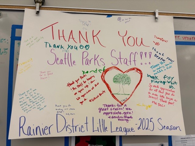 Seattle Parks (@seattleparks) on Twitter photo Kudos to the SC/SE District’s for their work this season regarding ballfield maintenance!
Rainier Little League joined crews at Genesee Park delivering treats and refreshments as a gesture of their appreciation for the work and collaboration this season, and left this nice card Kudos to the SC/SE District’s for their work this season regarding ballfield maintenance!
Rainier Little League joined crews at Genesee Park delivering treats and refreshments as a gesture of their appreciation for the work and collaboration this season, and left this nice card