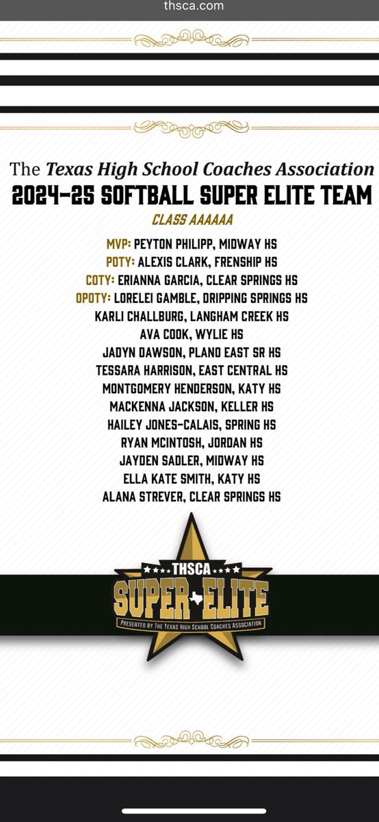 Erianna Garcia (@garcia_erianna) on Twitter photo Thank you <a href="/THSCAcoaches/">THSCA</a> for the recognition among with all these other amazing athletes including former teammate <a href="/AlanaStrever/">Alana Strever 2026</a> and future wildcat teammate <a href="/JDawson_20/">Jadyn Dawson</a>
<a href="/ACU_Softball/">ACU Softball</a>
<a href="/SpringsSoftball/">CSHS Softball</a> <a href="/AMAH_Herrera/">Athletics Mercado Herrera / Reyes</a> <a href="/_CoachAnthony/">Anthony Herrera</a> Thank you <a href="/THSCAcoaches/">THSCA</a> for the recognition among with all these other amazing athletes including former teammate <a href="/AlanaStrever/">Alana Strever 2026</a> and future wildcat teammate <a href="/JDawson_20/">Jadyn Dawson</a>
<a href="/ACU_Softball/">ACU Softball</a>
<a href="/SpringsSoftball/">CSHS Softball</a> <a href="/AMAH_Herrera/">Athletics Mercado Herrera / Reyes</a> <a href="/_CoachAnthony/">Anthony Herrera</a>