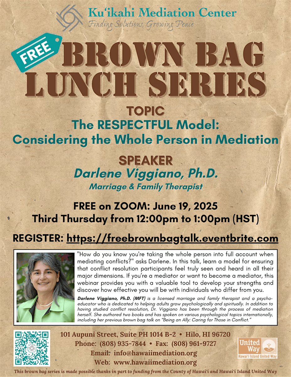DATE: Thursday, 6/19/25

PRESENTER: Darlene Viggiano

TOPIC: "The Respect Model: Considering the Whole Person in Mediation"

Registration- eventbrite.com/e/free-brown-b…