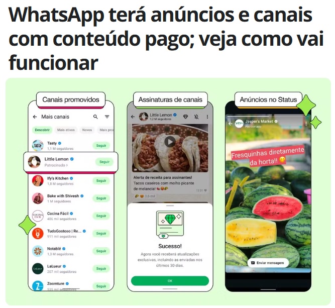 MoacyrLuz's tweet photo. Agora o WhatsApp vai contar com:

✅ *Canais promovidos*
💎 *Conteúdo pago* 
📲 *Anúncios nos Status*

🚀 Fique de olho, o app está se tornando cada vez mais estratégico para negócios!

#WhatsAppMarketing #TráfegoPago #NovidadesWhatsApp #MarketingDigital #MonetizaçãoOnline https://t.co/Dc6a0D5f2m