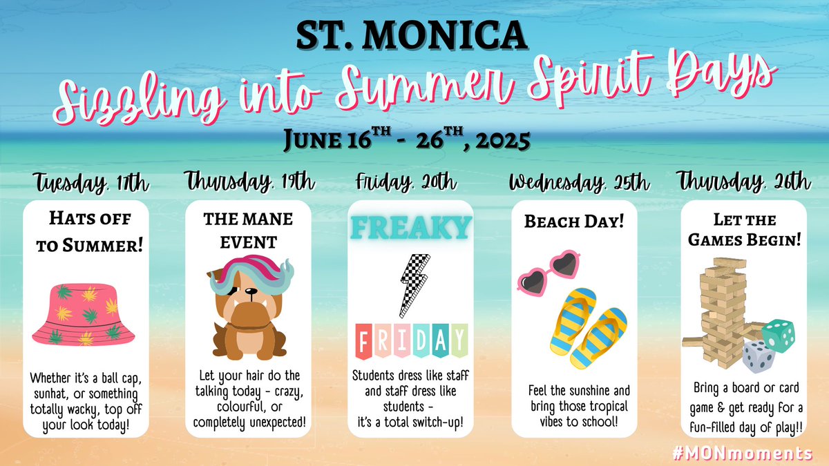 St. Monica School (@stmonicaocsb) on Twitter photo We’re Sizzling into Summer at St. Monica! ☀️🕶️Hats, beachwear, board games, and more—our spirit days are bringing the heat! #MONmoments <a href="/StMonicaPC/">St. Monica Parent Council</a> We’re Sizzling into Summer at St. Monica! ☀️🕶️Hats, beachwear, board games, and more—our spirit days are bringing the heat! #MONmoments <a href="/StMonicaPC/">St. Monica Parent Council</a>
