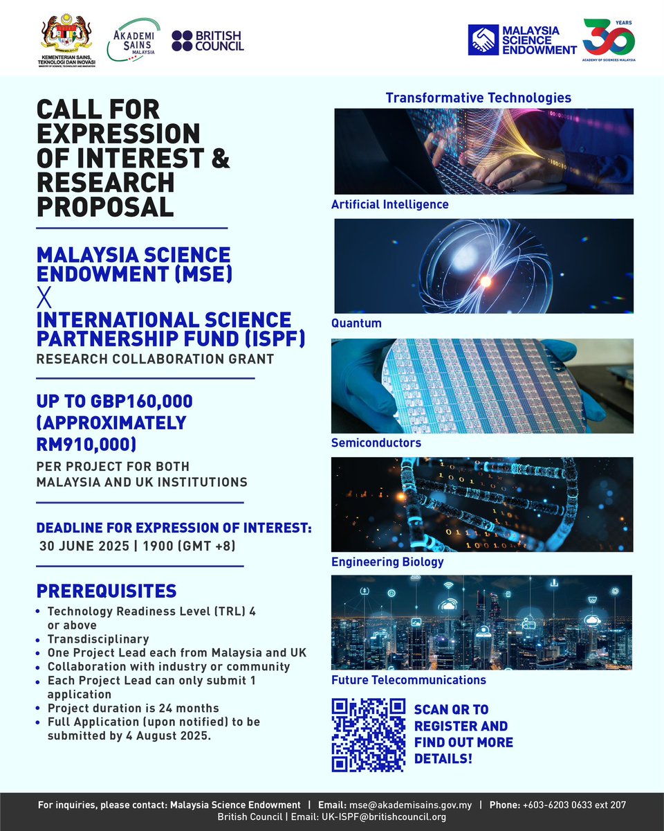 Are you interested in securing research grants? ASM extends an invitation to you for the Malaysia Science Endowment (MSE) x International Science Partnership Fund (ISPF) Research Collaboration Grant. 

Eligible researchers from Malaysia and the UK are encouraged to jointly apply