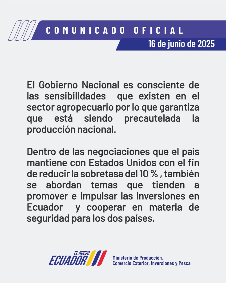📣COMUNICADO | | El Gobierno Nacional garantiza la protección de sensibilidades del sector agropecuario en negociaciones con EE. UU.🇺🇸.
