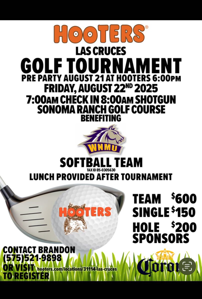 wnmu_sb's tweet photo. ☎️Calling all WNMU supporters!

🏌️‍♂️Bring your golfing friends and help WNMU Softball! 

⛳️Hole sponsors and teams needed! 

🐎🥎 https://t.co/i2crqeh9PO