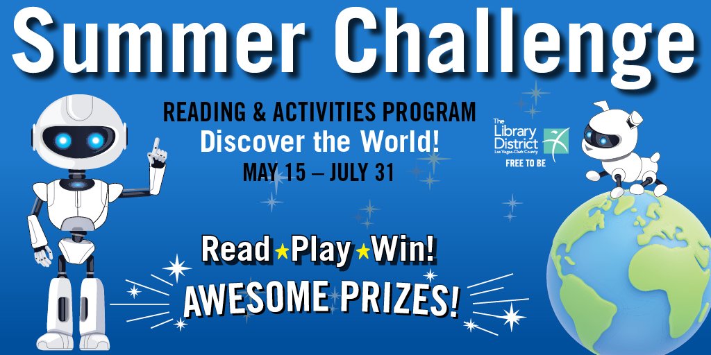 Las Vegas-Clark County Library District (@lvccld) on Twitter photo Stay cool & discover the world at the library by taking our #SummerChallenge!π
Kids, Teens & Adults can win cool prizes all summer, having fun at the library & at home:
π Live entertainment
π¬ Learning programs
π Read what you want
Details: thelibrarydistrict.org/summerchallenge #FreeToBe Stay cool & discover the world at the library by taking our #SummerChallenge!π
Kids, Teens & Adults can win cool prizes all summer, having fun at the library & at home:
π Live entertainment
π¬ Learning programs
π Read what you want
Details: thelibrarydistrict.org/summerchallenge #FreeToBe