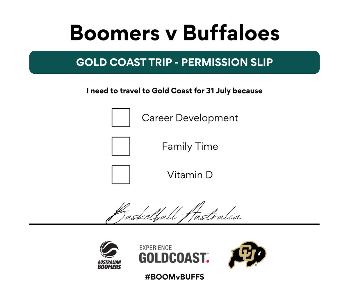 Basketball Australia (@basketballaus) on Twitter photo If you needed to give your boss a reason... We give you written permission.
Join us for Boomers v Buffs on the Gold Coast.
🎟️Tickets are now LIVE via INTIX🎟️
▶️bit.ly/BOOMvBUFFS
#WeAreBasketball | #GoBoomers | #BOOMvBUFFS | #ExperienceGoldCoast | <a href="/CUBuffsMBB/">Colorado Men's Basketball</a> | If you needed to give your boss a reason... We give you written permission.
Join us for Boomers v Buffs on the Gold Coast.
🎟️Tickets are now LIVE via INTIX🎟️
▶️bit.ly/BOOMvBUFFS
#WeAreBasketball | #GoBoomers | #BOOMvBUFFS | #ExperienceGoldCoast | <a href="/CUBuffsMBB/">Colorado Men's Basketball</a> |