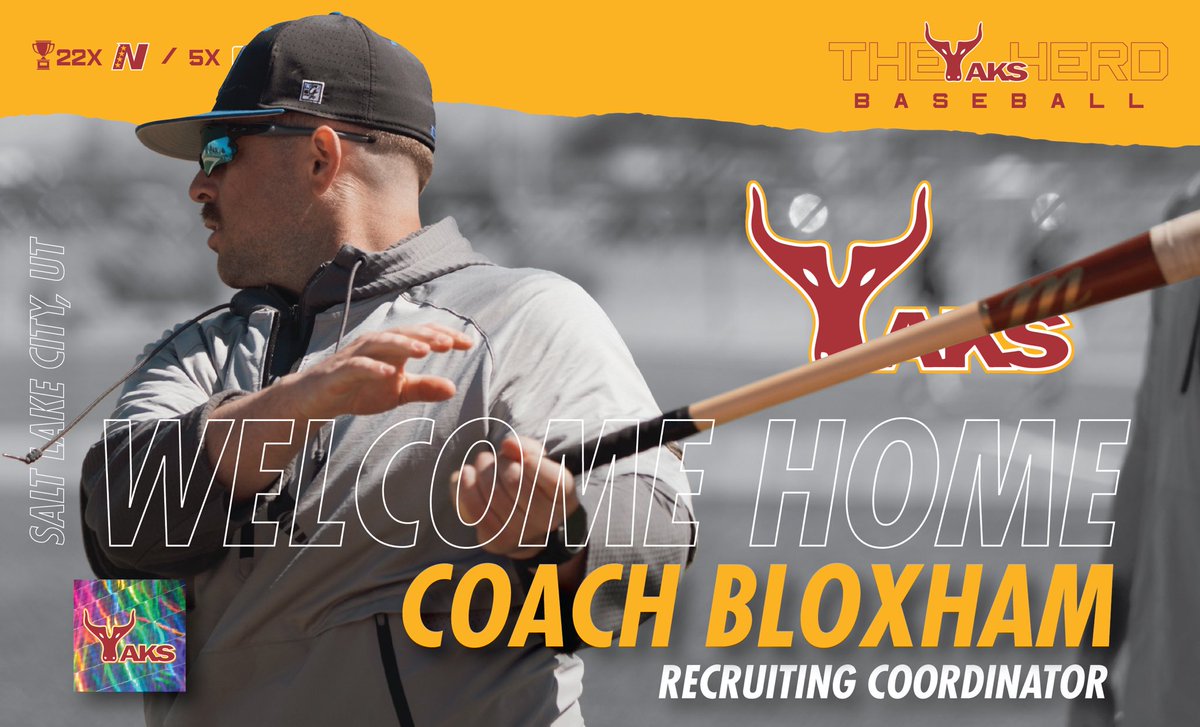 The Yaks welcome <a href="/natebloxham4/">Nate Bloxham</a> from Salt Lake City, UT to the coaching staff.

Nate served as an Assistant for Miles CC, leading hitters to a conference best AVG (.340), HR (64), OBP (.466), SLG (.561) &amp; 2B (97).

Proud husband to Jess and father to his son, Lennox. #RollYaks 🐂