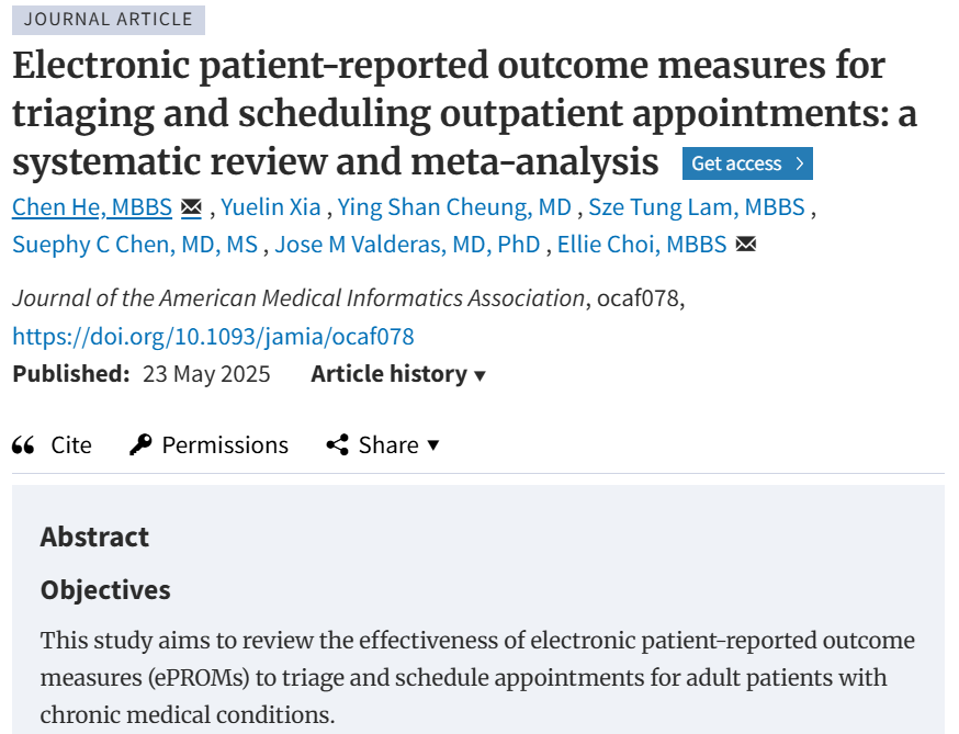 NUS Family Medicine (@famednusg) on Twitter photo Prof. <a href="/josemvalderas/">Jose M Valderas</a> co-authors a systematic review on how ePROMs can improve triaging & scheduling in outpatient care.
Read the article here: doi.org/10.1093/jamia/ā¦
#DigitalHealth #ePROMs #HealthInformatics #JAMIA #PatientCentredCare #NUSMedicine #DFMResearch #NUSFamilyMed Prof. <a href="/josemvalderas/">Jose M Valderas</a> co-authors a systematic review on how ePROMs can improve triaging & scheduling in outpatient care.
Read the article here: doi.org/10.1093/jamia/ā¦
#DigitalHealth #ePROMs #HealthInformatics #JAMIA #PatientCentredCare #NUSMedicine #DFMResearch #NUSFamilyMed