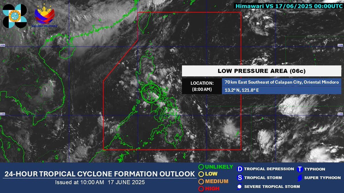 Ariel Rojas (@arielrojasph) on Twitter photo The Low Pressure Area being monitored in the waters of MIMAROPA was located 70 km east southeast of Calapan City, Oriental Mindoro at 8 a.m. Tuesday.
<a href="/dost_pagasa/">PAGASA-DOST</a> said it is unlikely to develop into a tropical cyclone as it may dissipate within the day.
#WeatherPatrol The Low Pressure Area being monitored in the waters of MIMAROPA was located 70 km east southeast of Calapan City, Oriental Mindoro at 8 a.m. Tuesday.
<a href="/dost_pagasa/">PAGASA-DOST</a> said it is unlikely to develop into a tropical cyclone as it may dissipate within the day.
#WeatherPatrol