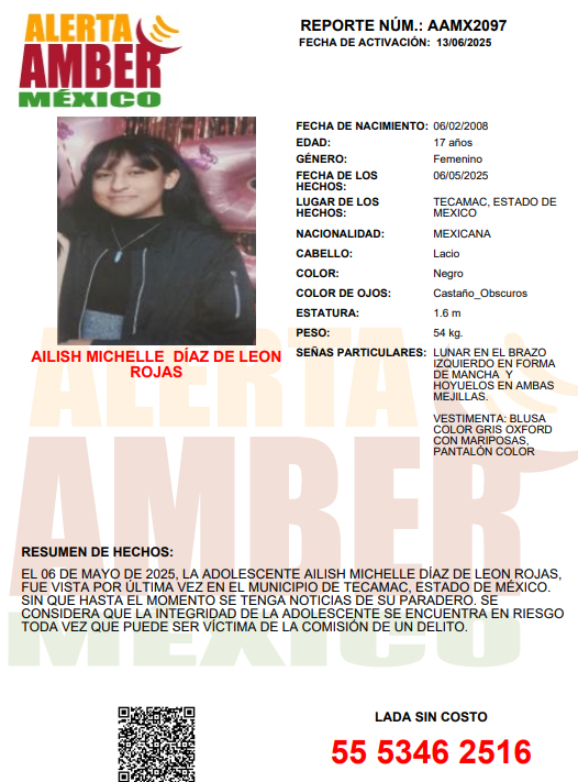 Circunstancias: El 06 de mayo de 2025, la adolescente AILISH MICHELLE DIAZ DE LEON ROJAS, fue vista por última vez en el Municipio de Tecámac, Estado De México, sin que hasta el momento se tenga noticias de su paradero. Se considera que la integridad de la adolescente se