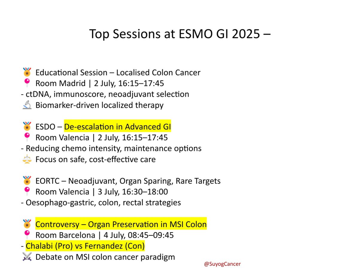🎯 Top  Sessions to Watch at #ESMOGI25 🔥
From practice-changing data to paradigm debates 👇
🔵 Late Breakers:
1️⃣ MATTERHORN (LBA4) – Durva+FLOT: EFS &amp; PROs in G/GEJ
2️⃣ PANOVA-3 (LBA3) – TTFields: QoL &amp; pain in LAPC
3️⃣ TALENTACE (LBA2) – Atezo/Bev+TACE in HCC: Phase 3 results
🚀