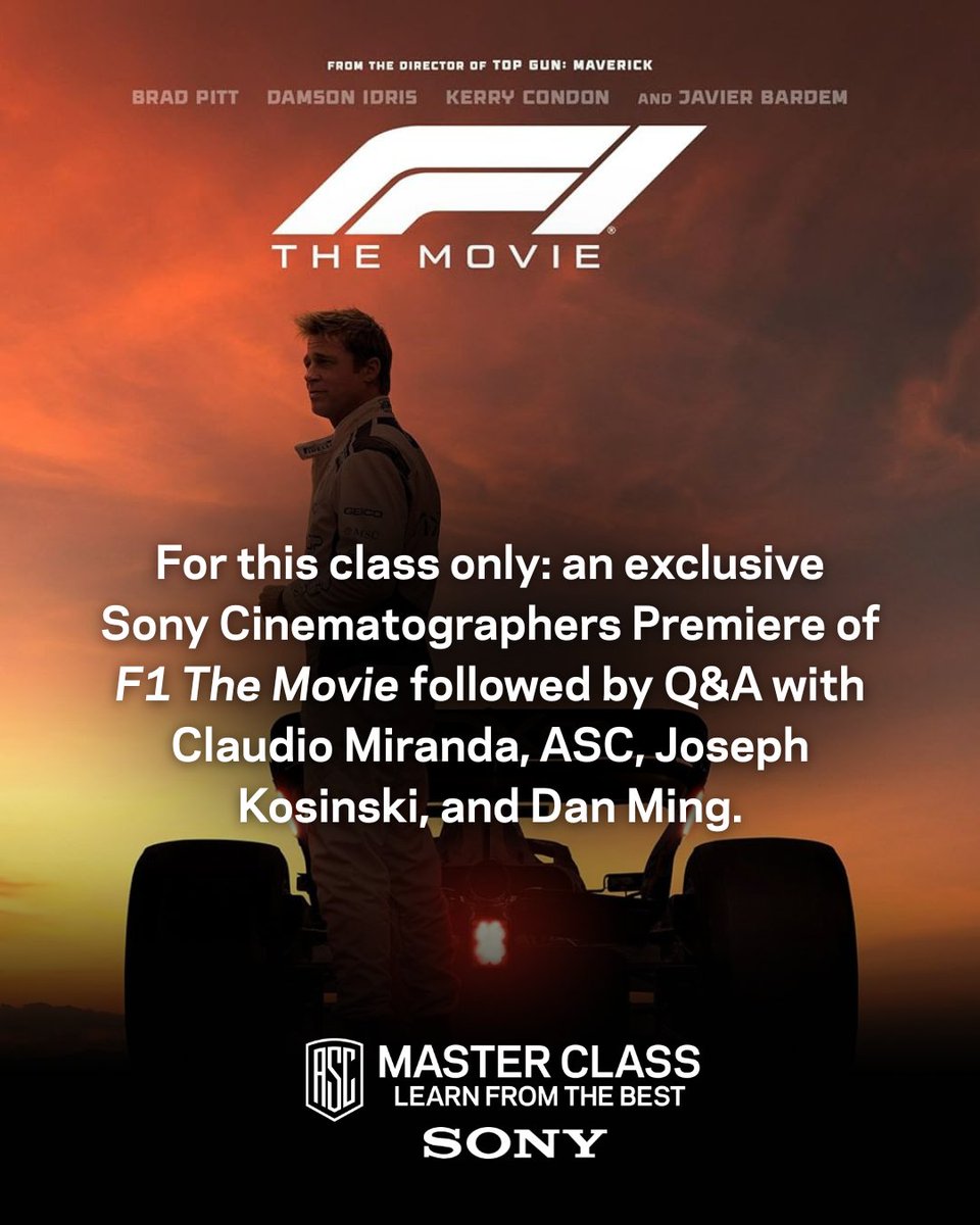 Learn to shoot on film with top DPs at the 2025 ASC Master Class (June 23–27), featuring an exclusive F1 The Movie screening + Q&amp;A with Claudio Miranda, ASC, Joseph Kosinski &amp; Dan Ming. Instructors include Yeoman, Walker, Braier, Lieberman, and Goi. 

 theasc.com/master-class