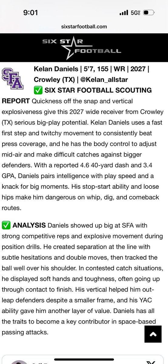 Kelan ‘’ KD’’Daniels (@kelan_allstar) on Twitter photo Thank you <a href="/sixstarfootball/">Six Star Football | PLUS+</a> for the scouting report 🙌🏾
<a href="/CarlosLynn/">Carlos Lynn</a> <a href="/CoachRJ_007/">RJ Bond</a> <a href="/CoachEShon/">Coach Eric Shon</a> <a href="/CoachHill17/">DeAundre Hill</a> <a href="/drobalwayzopen/">David Robinson</a> Thank you <a href="/sixstarfootball/">Six Star Football | PLUS+</a> for the scouting report 🙌🏾
<a href="/CarlosLynn/">Carlos Lynn</a> <a href="/CoachRJ_007/">RJ Bond</a> <a href="/CoachEShon/">Coach Eric Shon</a> <a href="/CoachHill17/">DeAundre Hill</a> <a href="/drobalwayzopen/">David Robinson</a>