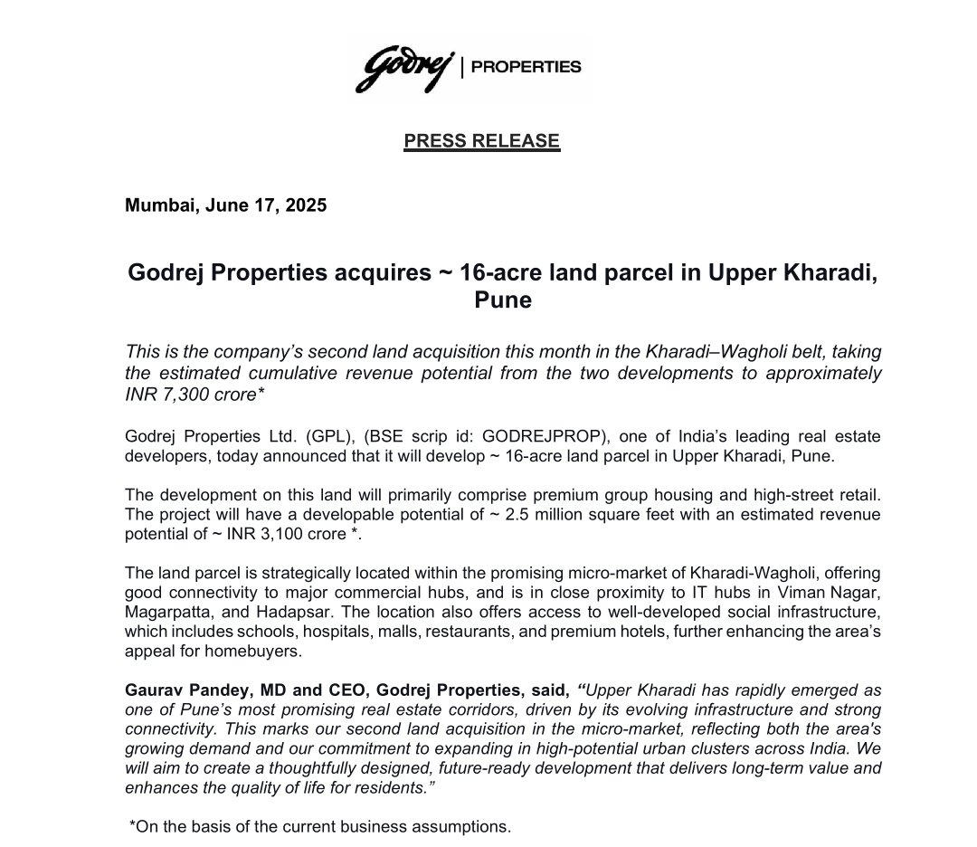 IndianStockEco's tweet image. 🚨Godrej Properties:
👉#GodrejProperties acquires ~ 16-acre land parcel in Upper Kharadi, Pune 
#JustIn #landparcel #pune #StocksToWatch #StocksInFocus