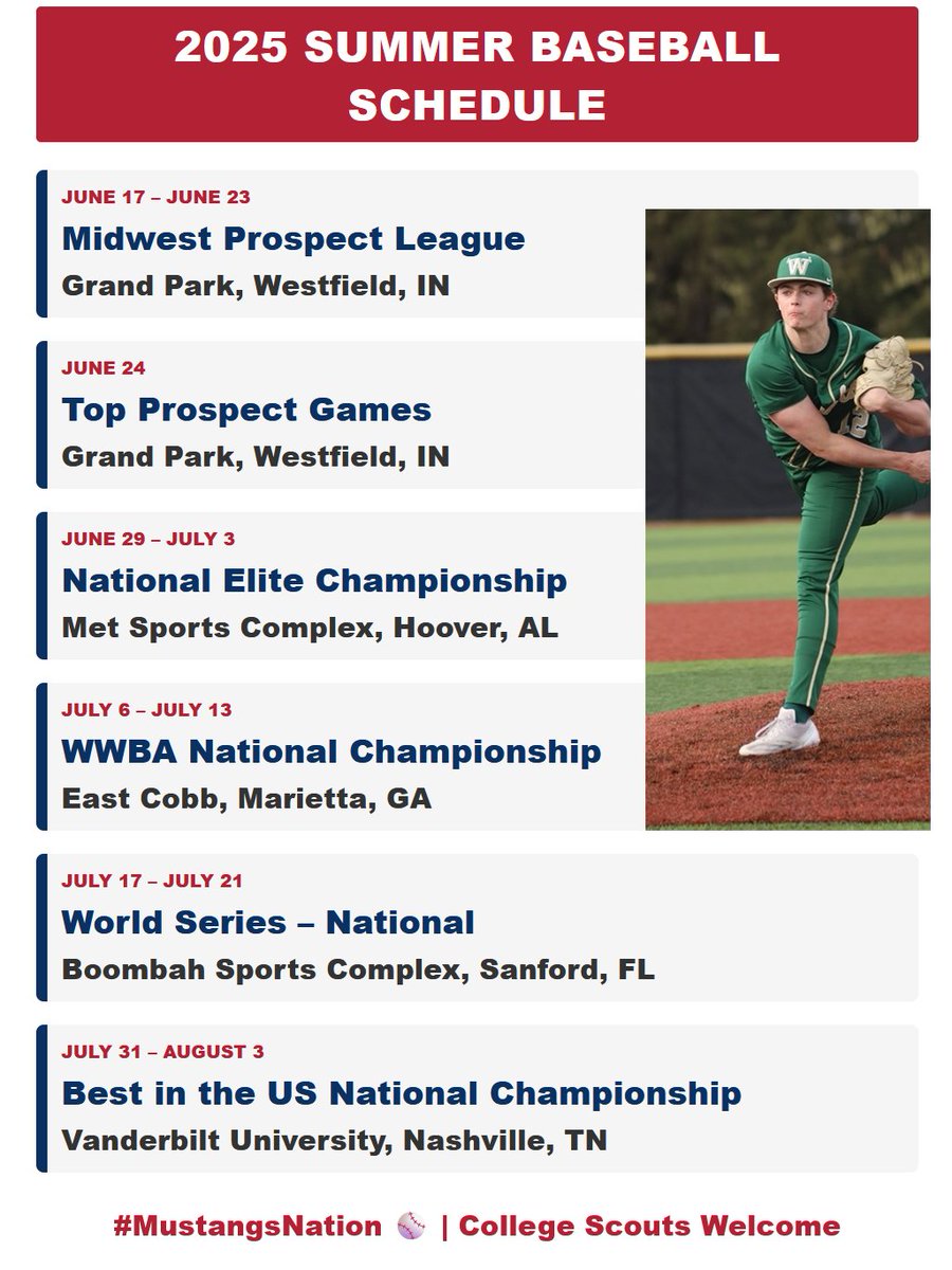 📢 Summer Schedule Drop!
Ready to compete, develop, and compete.
College coaches – here’s where you can find me:
PBR Indiana #5 RHP | 92 MPH FB
⚾️ Class of 2027 | #MustangsNation
👇 Full schedule below 👇#uncommitted