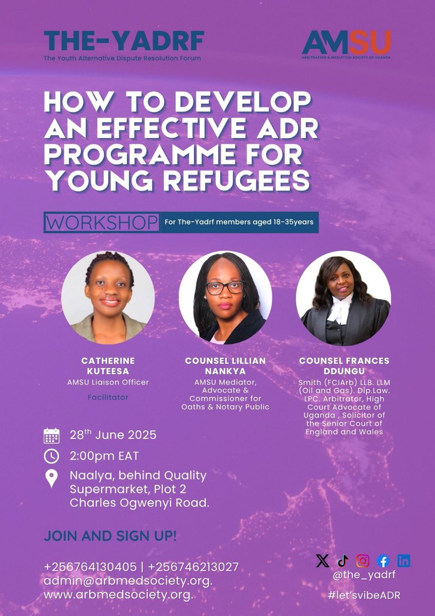 #WorkshopAlert

Join us on 28th June 2025 for an engaging workshop on “How to Develop an Effective ADR Programme for Young Refugees.”

Together, let’s design inclusive, practical solutions that empower young refugees.
#LetsVibeADR that empowers Refugees.