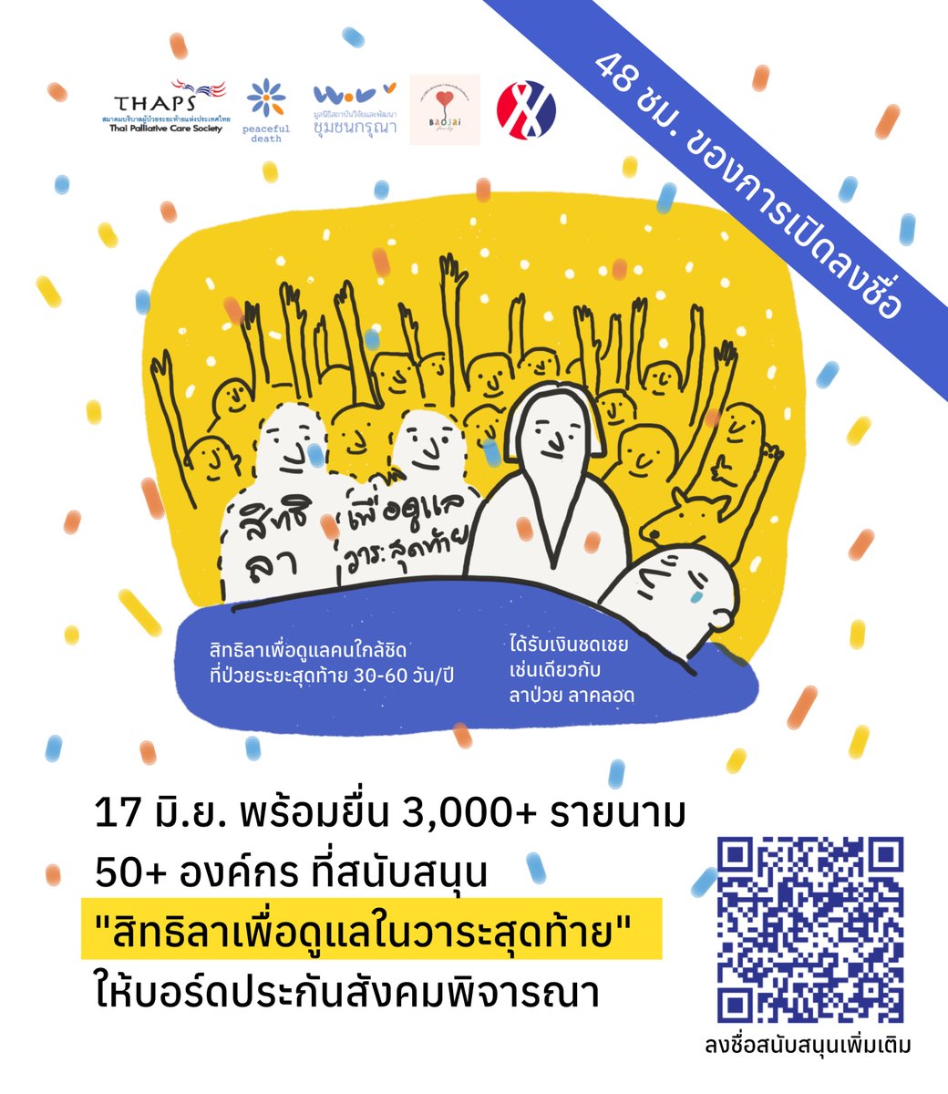 วันนี้ (17 มิ.ย. 68) เครือข่ายผู้สนับสนุนการดูแลแบบประคับประคอง จะนำ 3,000 รายชื่อผู้สนับสนุนสิทธิลาเพื่อดูแลวาระสุดท้าย ไปยื่นต่อบอร์ดใหญ่ประกันสังคม

ขอบคุณทุกท่านที่สนับสนุนสิทธิพื้นฐานคุ้มครองศักดิ์ศรีความเป็นมนุษย์ ทั้งสำหรับผู้ป่วยและผู้ดูแลทุกคน
