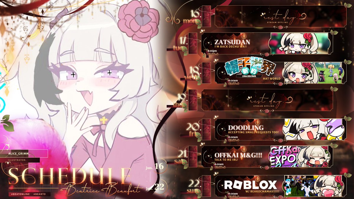 beatobeaufort's tweet image. 🥀STREAM SCHEDULE
I'm back!!! Come say hi to me, my dearest Beako-chamas!!! Come come come come come...! 😭
Character sheet and hashtags in 🧵!