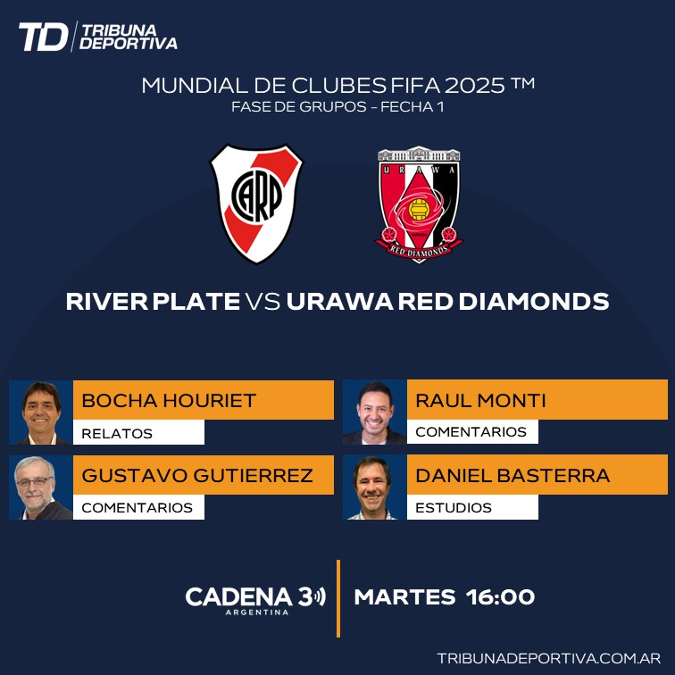 #MundialDeClubes
#River #UrawaRedDiamonds
🎙 <a href="/BochaHouriet/">Bocha Houriet</a>
🎙 <a href="/MontiRaul/">Raul Monti</a>
🎙 <a href="/GusGutier/">Gustavo Gutierrez</a>
🎙 <a href="/DanielBasterra/">Daniel Basterra</a>
📻 <a href="/Cadena3Com/">Cadena 3 Argentina</a>