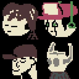 Como algo extra, eu fiz o retrato/cabeça (de cabeça) da Madotsuki, Quote, The Batter e do Knight.

Usei a paleta de cores "A64" que tem no Aseprite.

#pixelart #aseprite #yumenikki #cavestory #off #hollowknight