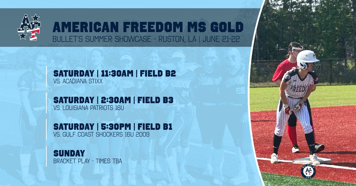 American Freedom MS Gold (@afmsgold) on Twitter photo Rollin’ into Ruston this weekend for the Bullet’s Summer Showcase!!
#StrongAF
<a href="/AFSBALL/">American Freedom Softball</a> Rollin’ into Ruston this weekend for the Bullet’s Summer Showcase!!
#StrongAF
<a href="/AFSBALL/">American Freedom Softball</a>