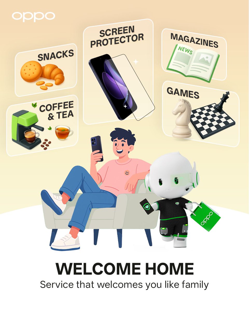 📱💚 Welcome Home 💚📱
Stepping into an OPPO service center feels just like coming home. Whether you are here to repair, get your free screen protector applied or just getting your device cleaned, enjoy complimentary snacks and drinks from us!

We’ve thoughtfully crafted every