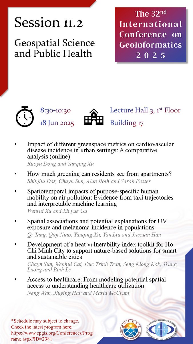 #CPGIS2025 Oral Session #11.2: Geospatial Science and Public Health, Wednesday 18 Jun 2025, 8:30-10:30, CST. Lecture Hall 3, 1st Floor, Building 17, Huanghe Jiaotong University, Jiaozuo, China