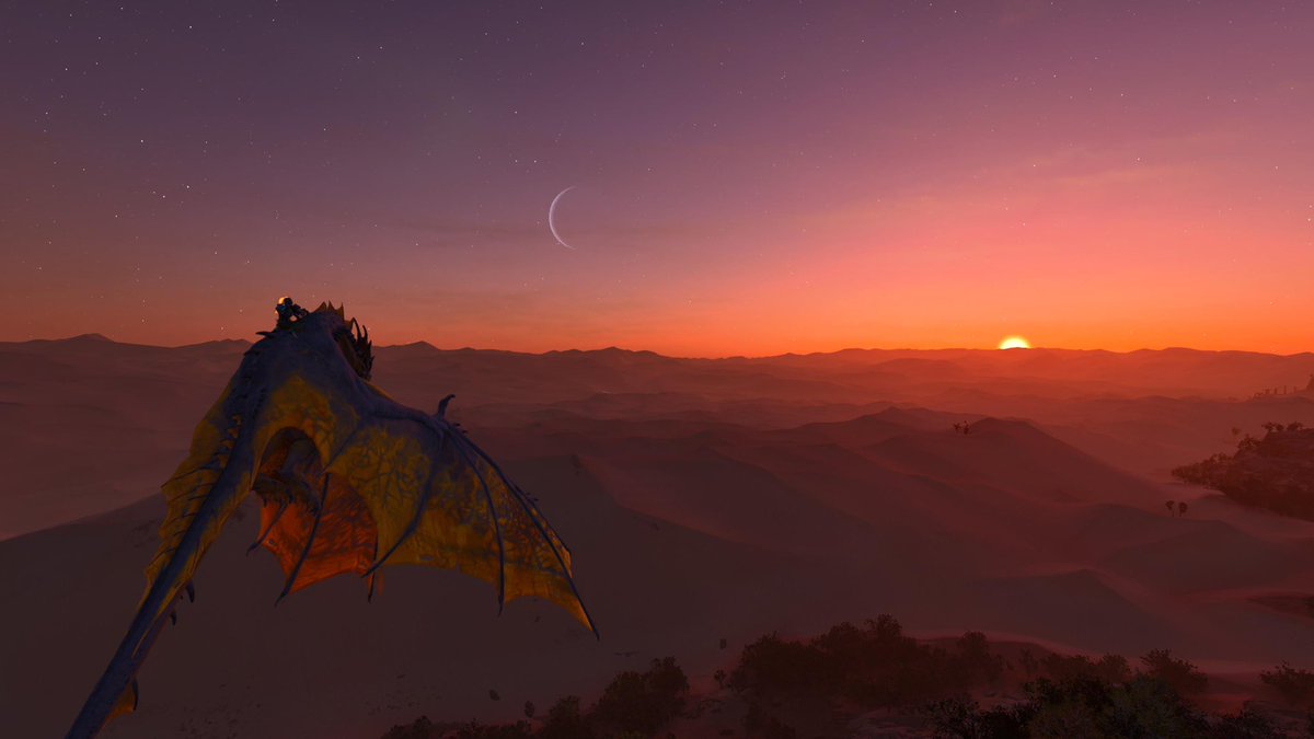 夕焼けと月とワイバーン