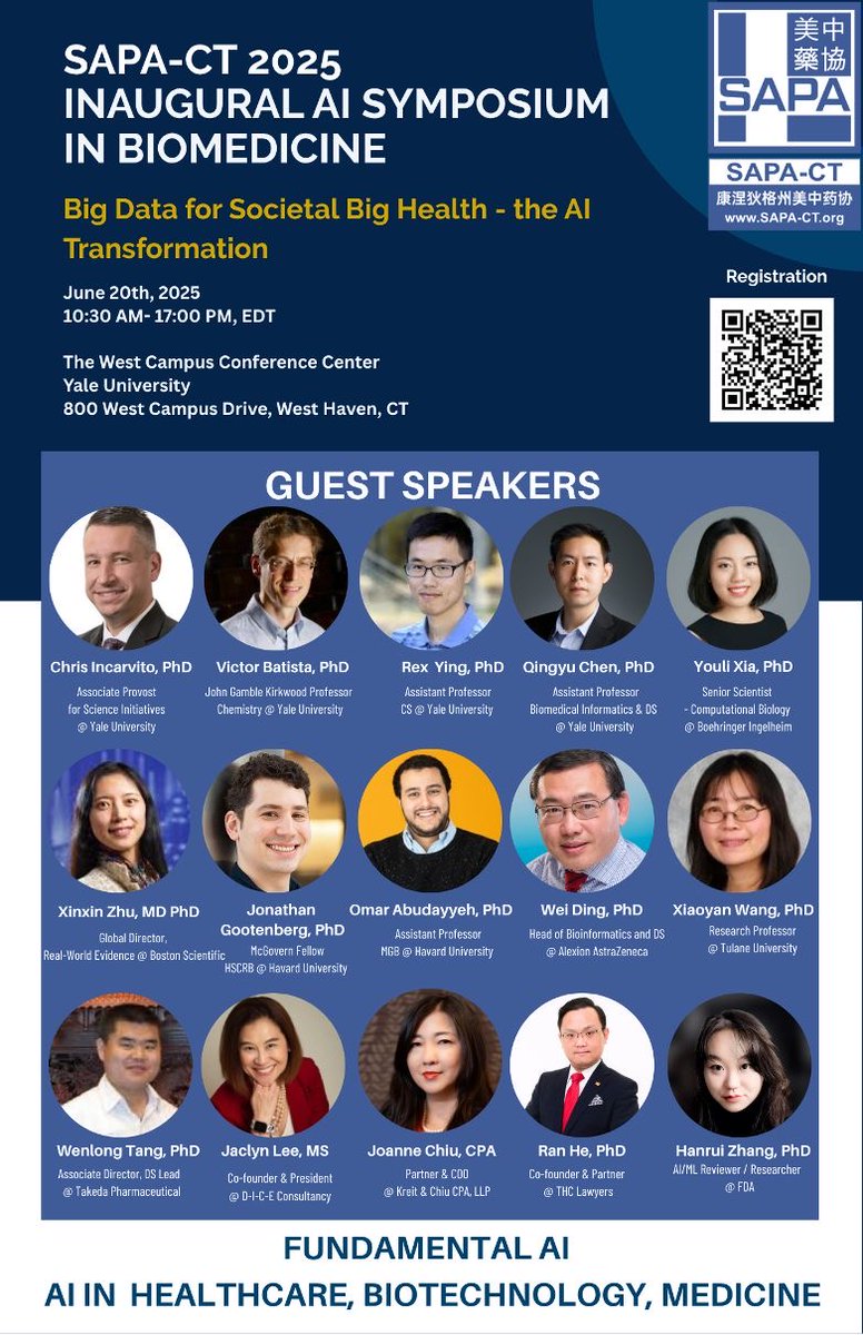 sidichen's tweet image. Organizing an AI symposium on 6/20 with SAPA-CT at Yale. Please check it out and all are welcome to register/attend! @YaleWestCampus