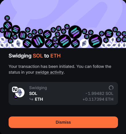 Swidging $SOL to $ETH
써보고있는데 확실히 트랜잭션이 쾌적함 오래걸리는 브릿지류다보니 궁금해서 사용해봤음.

이더리움특성상 브릿지시간이 다소소요되지만 5분안에 보내지는것이 확인됨. <a href="/infinex/">Infinex</a> 

Bullrun도 참여완료 잠금기능을 잘활용해야하는듯?!