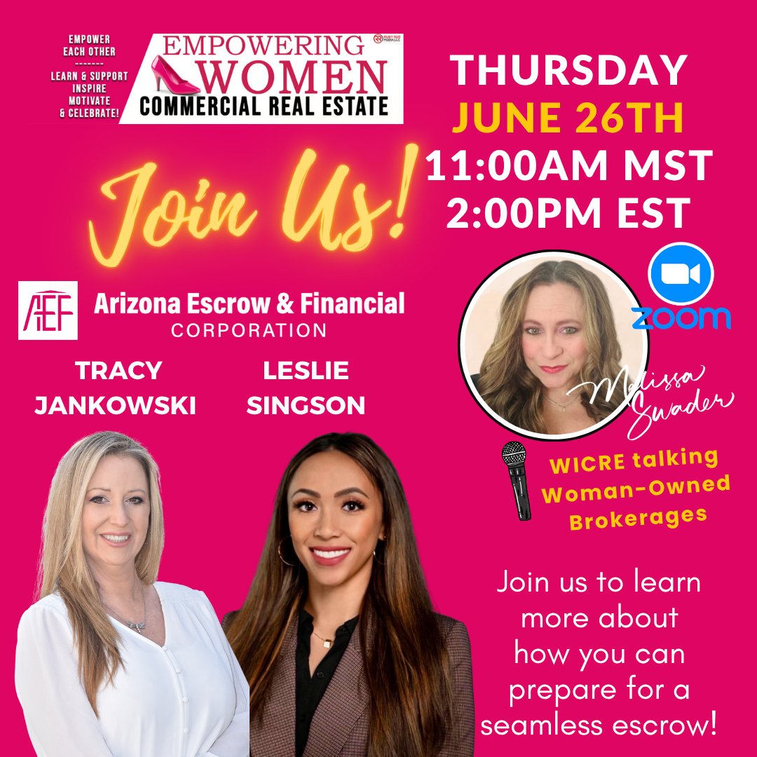 Join us Thursday, June 26th at 11am MST | 2pm EST - get registered today. womenincre.com 
We are starting to see more women starting their own brokerages, so listen in on some advice for those ladies who are leading the way &amp; our guest speakers from <a href="/arizonaescrow/">arizonaescrow</a>