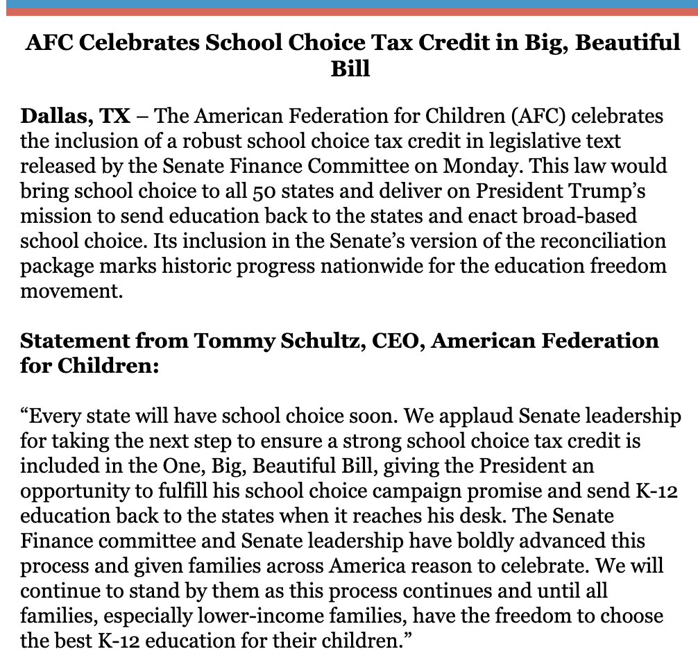 Breaking! Every state will have school choice soon.  <a href="/SchoolChoiceNow/">American Federation for Children</a> <a href="/OEscolares/">Federación Americana para los Niños</a> <a href="/Tommy_USA/">Tommy Schultz 🇺🇸</a>  <a href="/afcpress/">Brian Jodice</a>