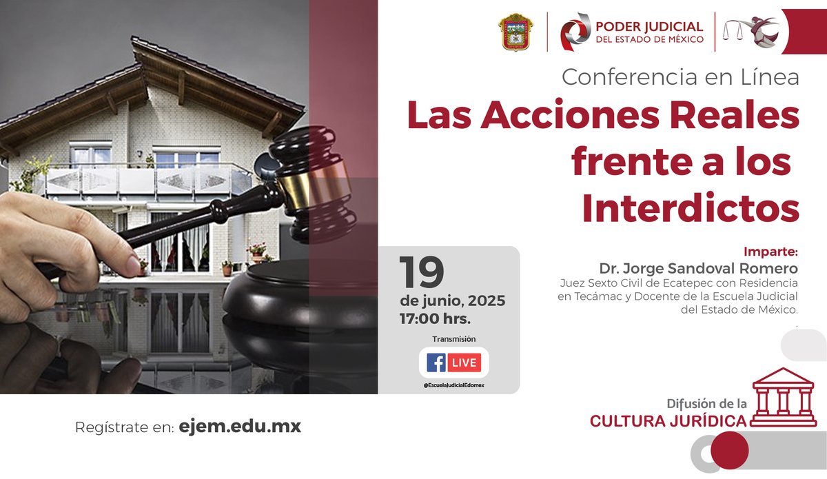 "Las Acciones Reales frente a los Interdictos"
Se parte de nuestro Programa de Difusión de la Cultura Jurídica y regístrate aquí:
siejem.pjedomex.gob.mx/siejem/View/Pa…

#EscuelaJudicialCapacitarParaServir #EnseñamosLaJusticia #EnUnidadParaServir
#difusióndelaculturajurídica