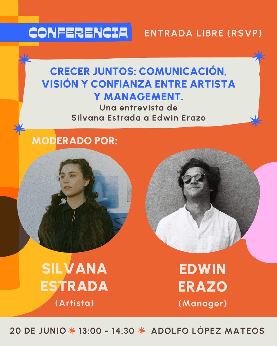 Este viernes, la relación entre artista y mngmt es una de las más importantes en una carrera musical. En este panel, <a href="/silvanaestradab/">Silvana Estrada</a> junto con su manager Edwin Erazo hablarán de cómo construir una dinámica de confianza.
Realiza tu pre-registro en musicmex.com ☀️🎶
