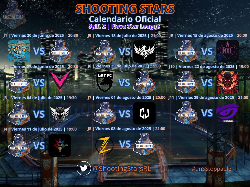 🌠 Estamos de regreso  🌠

Calendario oficial de #ShootingStars en la #NovaStarLeague

#RocketLeague #unSStoppable