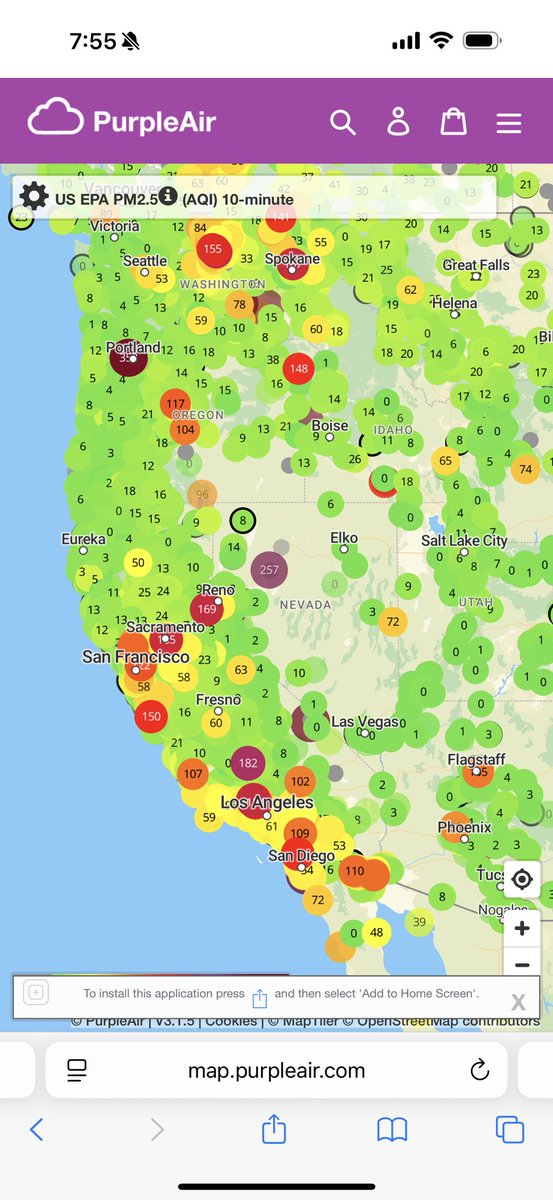 Western US looks relatively peaceful at the moment wrt particles 

fire.airnow.gov vs map.purpleair.com