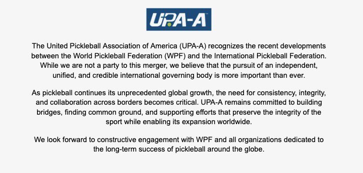 UnitedPBAssoc's tweet image. With the merger between World Pickleball Federation and International Pickleball Federation, pickleball is one step closer to where we need to be.