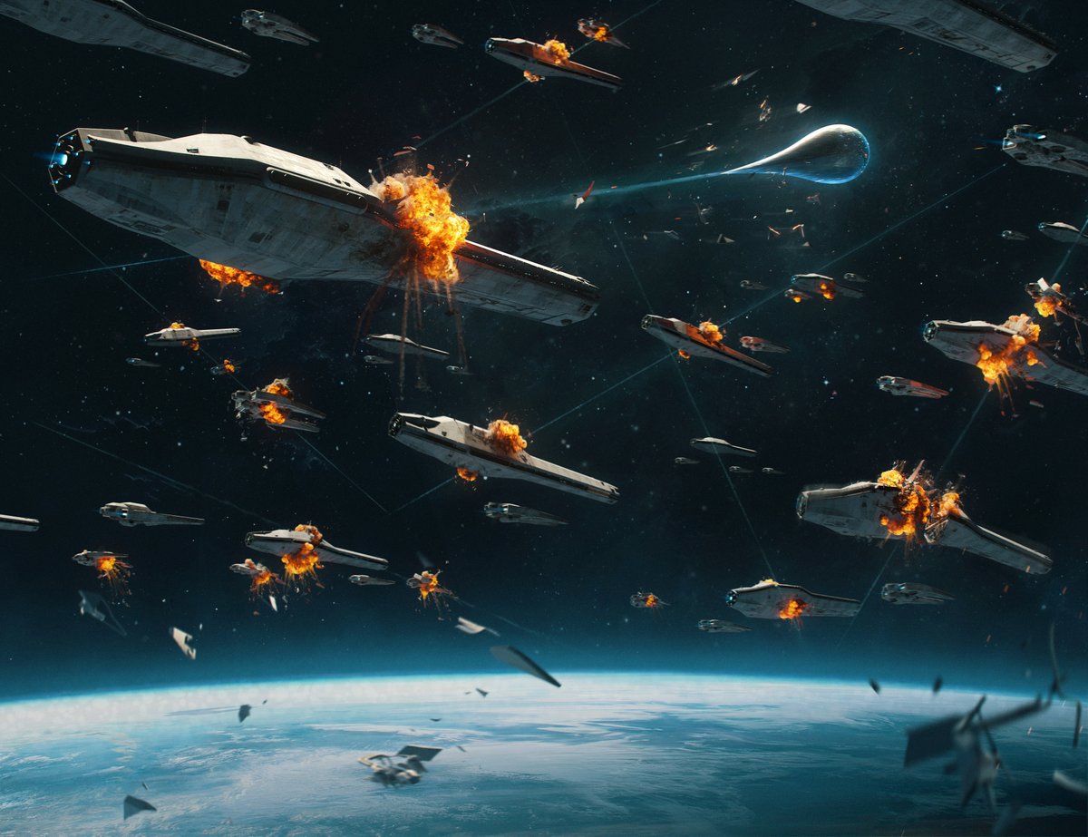 Covert art for 'The Dark Forest', second book of the Three Body Problem series, featuring the "Doomsday Battle" between a fleet of human ships and a physics-warping droplet covered in invulnerable materials. 
#space #art by Ricky Ho.
artstation.com/artwork/0l81vE