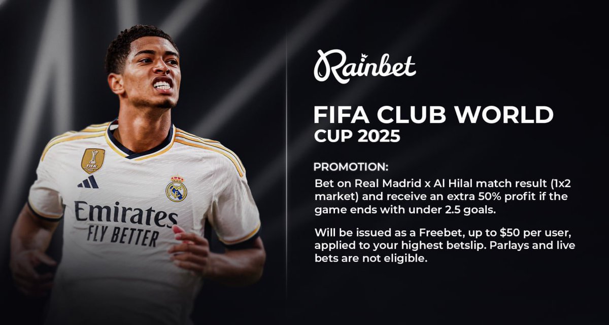 FIFA Club World Cup PROMOTION:

Bet on Real Madrid &amp; Al Hilal match result (1x2 market) for an EXTRA 50% profit from your highest betslip if the game ends under 2.5 goals!