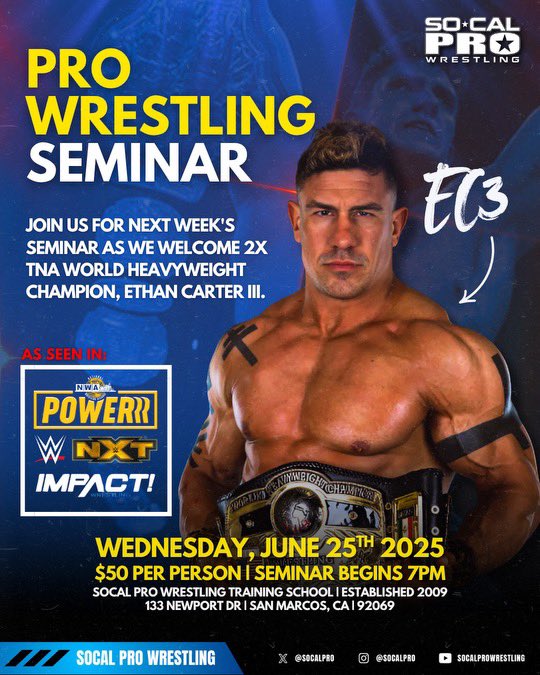 EC3 joins us in San Marcos. Open to all Trainee’s and active wrestlers. Next Wednesday night!