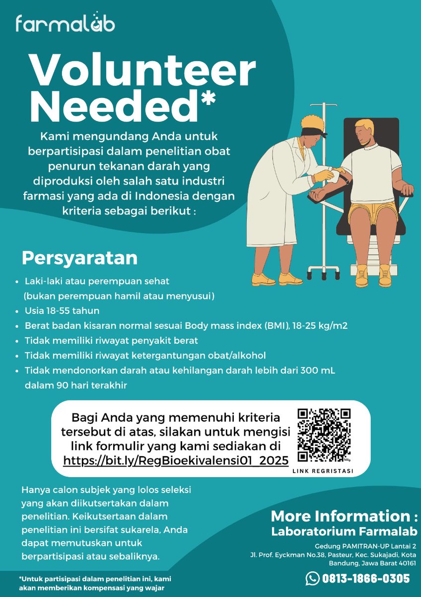 kfksque_'s tweet image. Uji Bioekivalensi Batch 14 akan dilaksanakan di bulan Juli 2025, dibutuhkan partisipan yang berdomisili di Bandung. Info Lebih lanjut hubungi wa.me/6281318660305 atau bit.ly/RegBioekivalen… #volunteer #Bioekivalensi  #lokercimahi #lokerbandung #lokercimahi #lokerbdg
