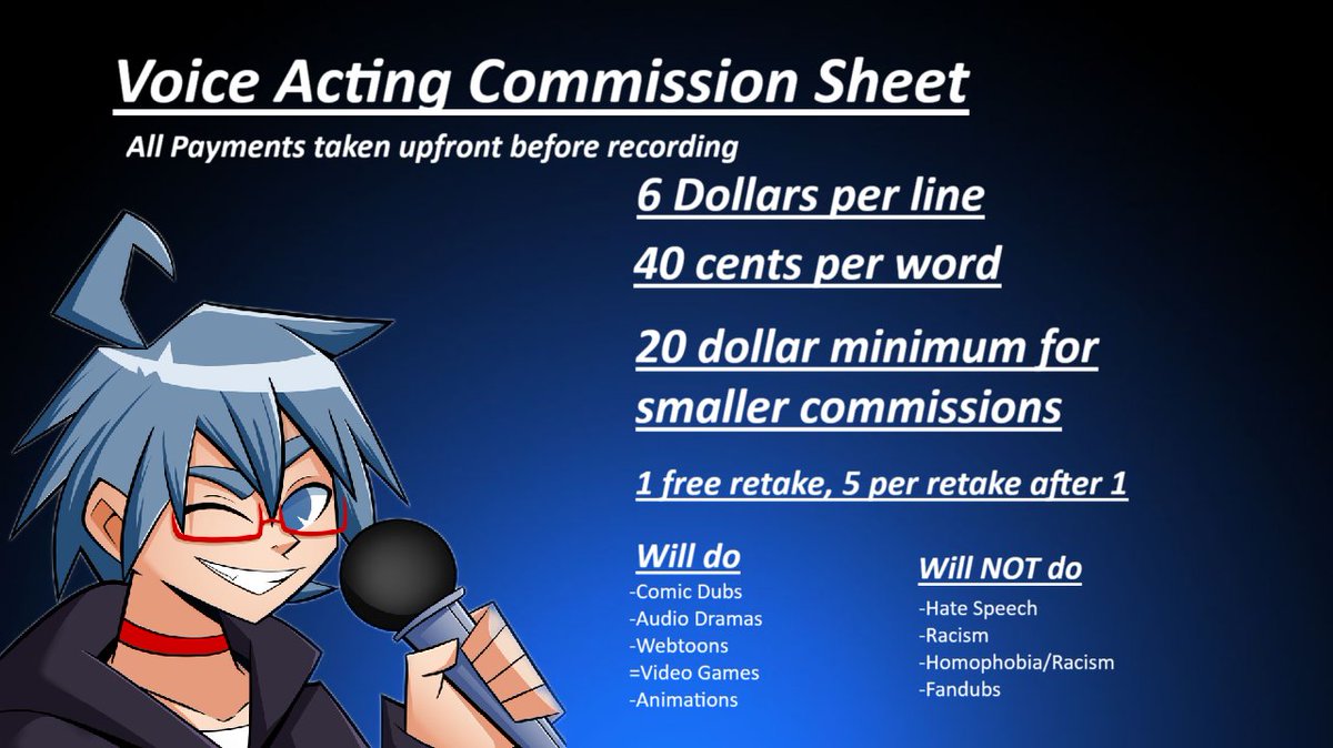 DarkCloudVA (@darkcloudva) on Twitter photo My new Voice Acting comm sheet
Got some expenses coming up so if anyone needs some voice work for anything hit me up in DMs or contact me at brandenva@yahoo.com.
I'll also leave a link to my Ko-fi and my demos in the comments
#voiceactor #voiceacting #indiedev #animation My new Voice Acting comm sheet
Got some expenses coming up so if anyone needs some voice work for anything hit me up in DMs or contact me at brandenva@yahoo.com.
I'll also leave a link to my Ko-fi and my demos in the comments
#voiceactor #voiceacting #indiedev #animation