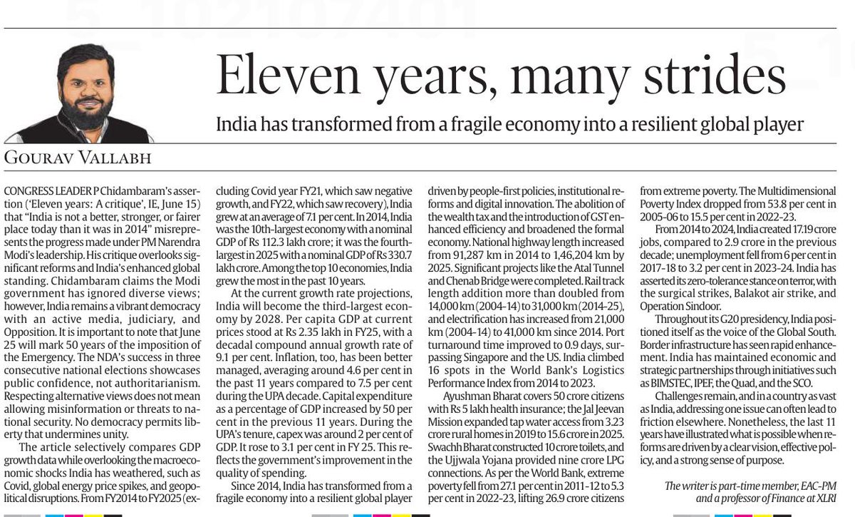 Prof. Gourav Vallabh (@gouravvallabh) on Twitter photo Good Morning.
The last eleven years have illustrated what is possible when a clear vision, effective policy, and a strong sense of purpose drive reforms.
My writeup on this published in today's <a href="/IndianExpress/">The Indian Express</a> .
Happy Reading. Good Morning.
The last eleven years have illustrated what is possible when a clear vision, effective policy, and a strong sense of purpose drive reforms.
My writeup on this published in today's <a href="/IndianExpress/">The Indian Express</a> .
Happy Reading.