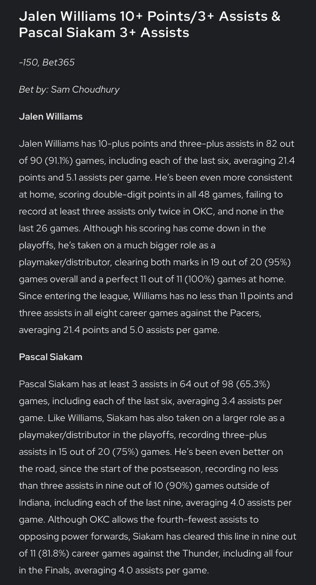 Jalen Williams 10+ Points/3+ Assists ✅

Pascal Siakam 3+ Assists ✅