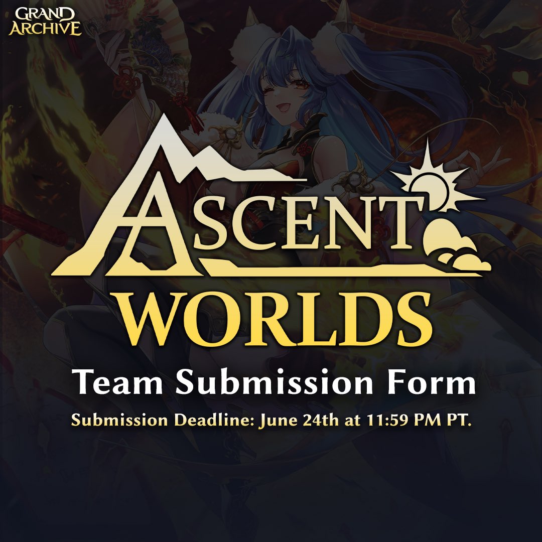 Let's gear up for Ascent Worlds!

All competitors for Team Standard (3 V 3) are required to submit their team using the following form. Please read the details below before making your submission. 

Submission Deadline: June 24th, 11:59PM PT

Form: docs.google.com/forms/d/e/1FAI…